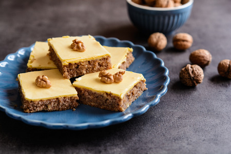 Delicious walnut cake with egg yolk glaze