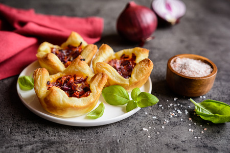 Mini tartlets with caramelized red onion and sun-dried tomatoの写真素材