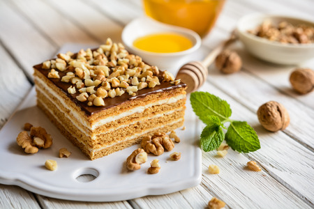 A slice of layered honey cake with chocolate and walnut toppingの写真素材
