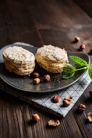 Delicious hazelnut Meringue sandwiches filled with hazelnut creamの写真素材