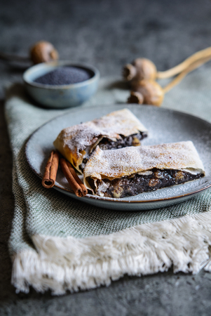Strudel slices with poppy seeds and apple fillingの写真素材