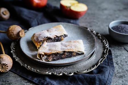 Strudel slices with poppy seeds and apple fillingの写真素材