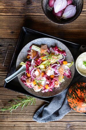 Vegetable salad with red and white chicory, baked trout pieces, onion and roasted Hokkaido squash, served with sour cream dipの写真素材