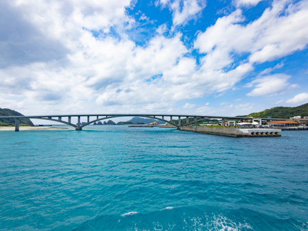Beautiful view of the bridge over the sea in Okinawa, Japanの写真素材