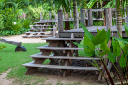 Soft focus Wooden stairs playground in the garden. Blur background for copy space.の写真素材