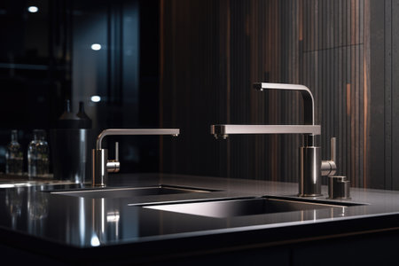 Close up of modern kitchen with black countertop, sink and faucet.の素材