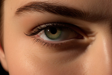 Close-up shot of a beautiful woman's green eye with eyelashesの素材