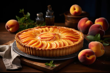 Peach, French tart, a harmonious blend of culinary excellence and delectable flavours that elevate the dessert experience.の素材