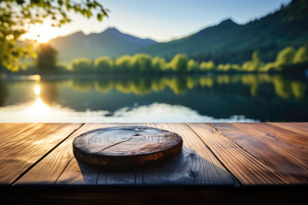 Wood board cardpost. Presentation and product display with scenic lake view as background. Cardposts, presentation, background.の素材
