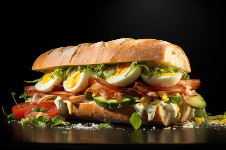 French Baguette Sandwich with bacon, tomato, avocado, eggs, basil and cucumber.の素材