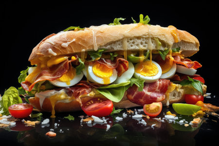 French Baguette Sandwich with bacon, tomato, avocado, eggs, basil and cucumber.の素材