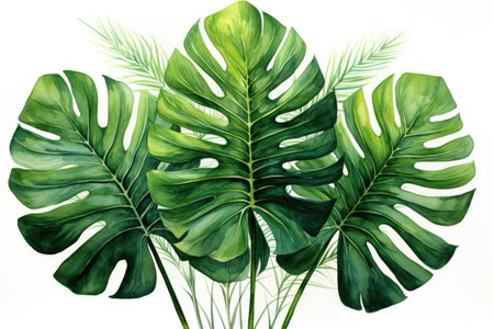 Leaves and foliage. Watercolor tropical transparent plants and leaves. Isolatedの素材