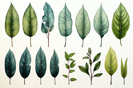 Leaves and foliage. Watercolor tropical transparent plants and leaves. Isolatedの素材
