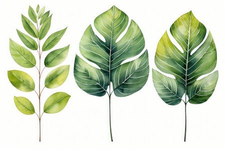 Leaves and foliage. Watercolor tropical transparent plants and leaves. Isolatedの素材