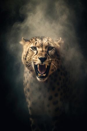 Close-up portrait of a big cat cheetah in smokeの素材
