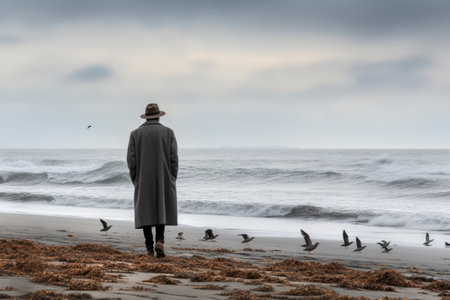 A young woman walking along the beach with a flock of seagullsの素材