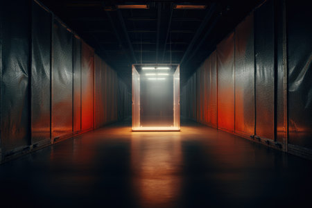 Transparent Box in a Warehouse, Empty. Volumetric lights enlighting the box. Mystery.の素材