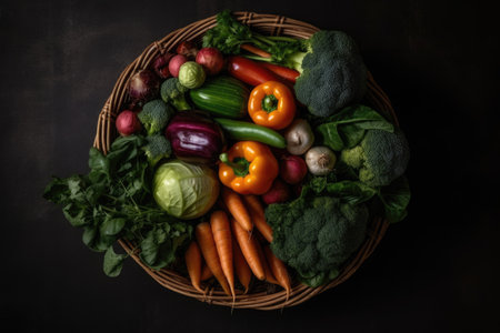 Vegetable Basket with Tomatoes, Carrots, Broccoli, and Onionの素材