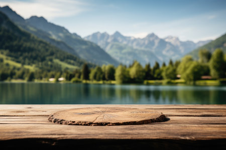Wood board cardpost. Presentation and product display with scenic lake view as background. Cardposts, presentation, background.の素材