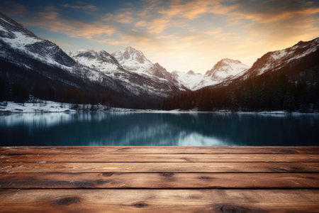 Wood board cardpost. Presentation and product display with scenic lake view as background. Cardposts, presentation, background.の素材