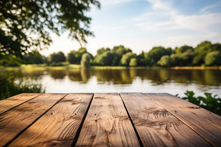 Wood board cardpost. Presentation and product display with scenic lake view as background. Cardposts, presentation, background.の素材