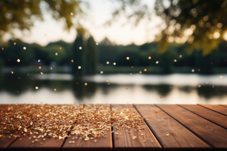 Wood board cardpost. Presentation and product display with scenic lake view as background. Cardposts, presentation, background.の素材