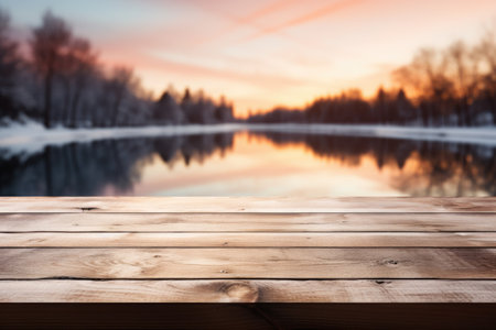 Wood board cardpost. Presentation and product display with scenic lake view as background. Cardposts, presentation, background.の素材