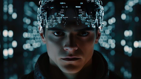 Portrait of a man wearing VR googles. Futuristic portrait. Virtual Reality Experience.の素材