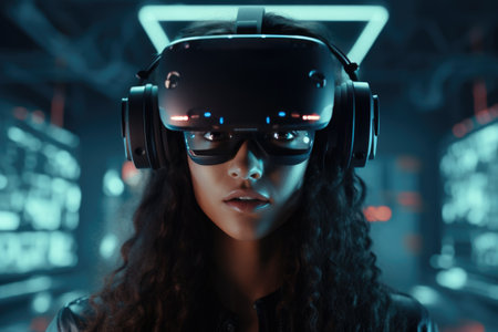 Portrait of a woman wearing VR googles. Futuristic portrait. Virtual Reality Experience.の素材