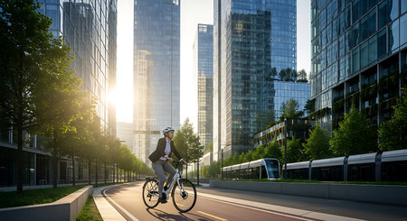 Businessman riding bicycle in modern city. Mixed media. Mixed mediaの素材