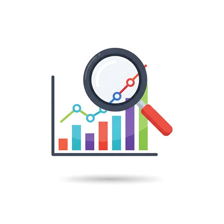 Magnifying glass and bar chart icon. Flat design. Vector illustrationの素材