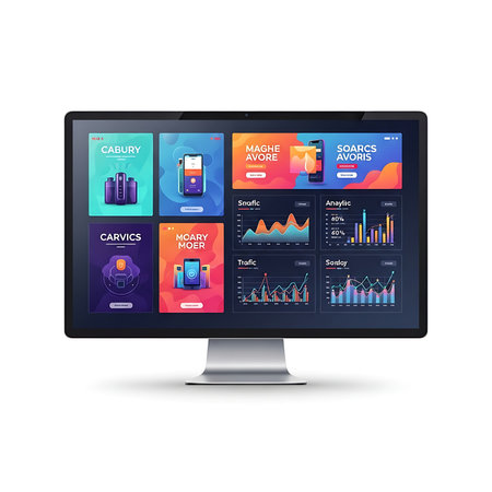 Modern computer monitor with mobile phone and infographics. Vector illustration.の素材