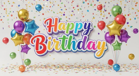 Happy Birthday Greeting Card with Balloons, Confetti and Ribbonの素材