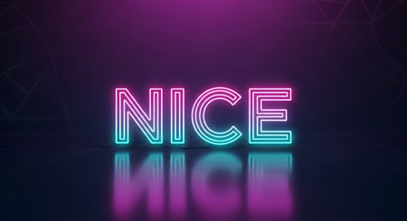 Neon NICE 3D rendering. Neon NICE text on dark background. NICE 3D rendering.の素材
