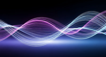 abstract background with blue and purple flowing lines on a dark backgroundの素材