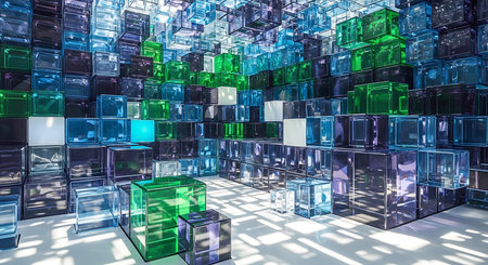 Abstract 3D rendering of blue and green cubes in empty space.の素材