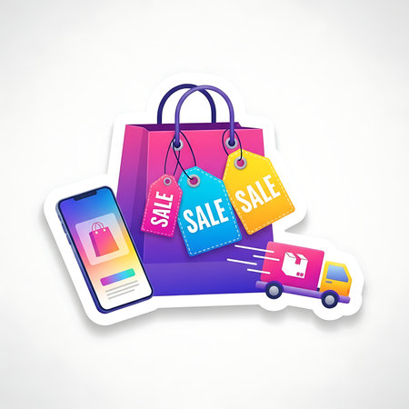 Sale label with shopping bag and mobile phone. Vector illustration.の素材