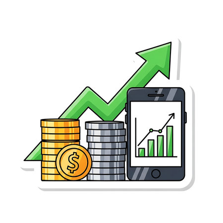 Smartphone with growth chart and coins icon. Business and finance concept. Vector illustrationの素材