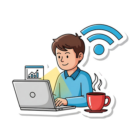 man with laptop and coffee cup vector illustration eps 10. Social mediaの素材