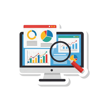 computer with statistics and magnifying glass icon over white background. colorful design. vector illustrationの素材
