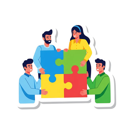 Teamwork concept. Business people assembling jigsaw puzzle. Vector illustrationの素材