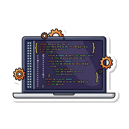 Laptop with programming code on the screen. Modern flat vector illustration.の素材