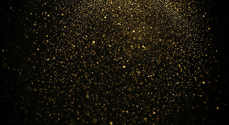Gold glitter bokeh on black background. Golden sparkles on black backgroundの素材