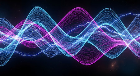 3D illustration of a colorful abstract background with a dynamic waves, lines and bokehの素材