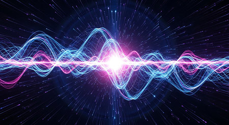 3D illustration of a colorful sound wave on a dark background.の素材