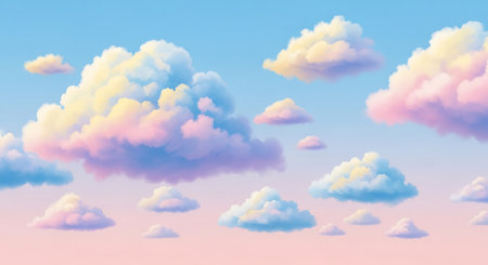 Colorful fluffy clouds in the sky. 3D rendering illustration.の素材