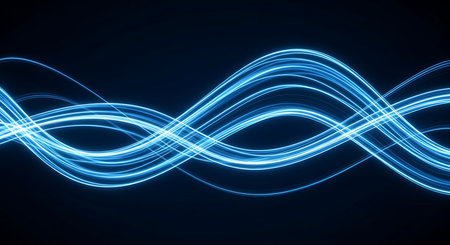 Abstract blue wavy lines on a black background. Vector illustration.の素材