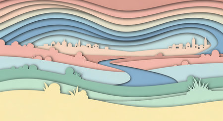 Paper art landscape of city and river. Paper craft style. Vector illustration.の素材