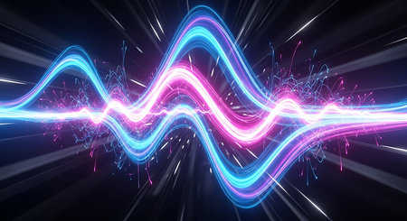 3d illustration of neon sound waves in cyberspace, abstract backgroundの素材