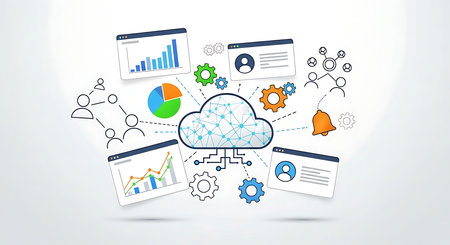 Cloud computing concept with icons and graphs on white background. Vector illustrationの素材